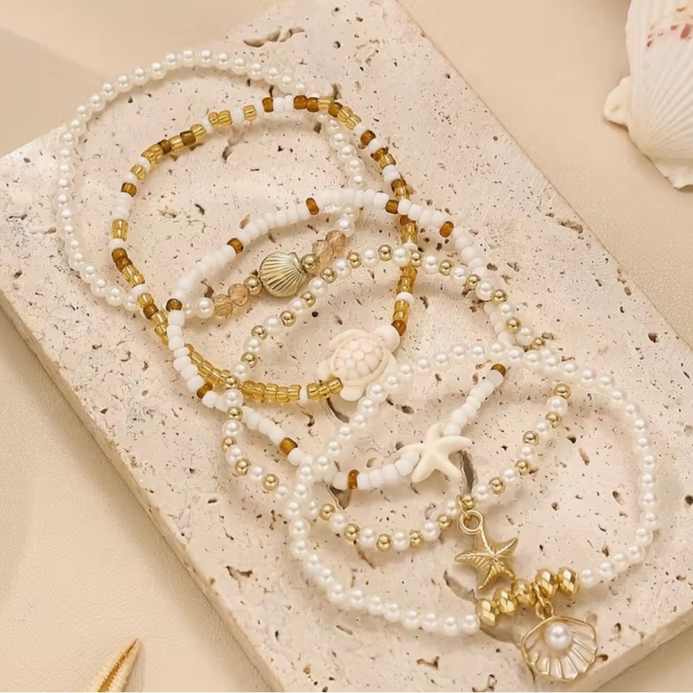 Set of 5 Sea Charm White & Gold Stackable Bracelets